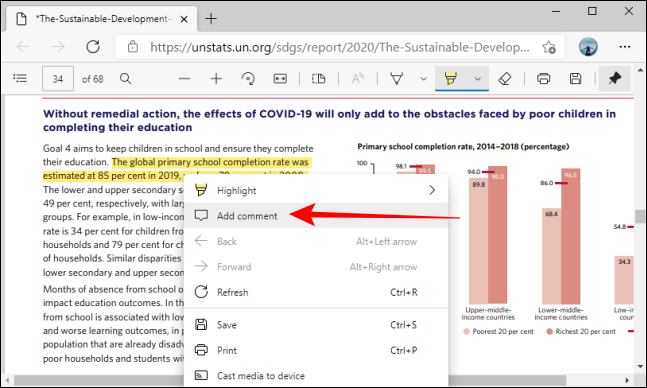 Selecione a opção Adicionar comentário para realçar no Microsoft Edge