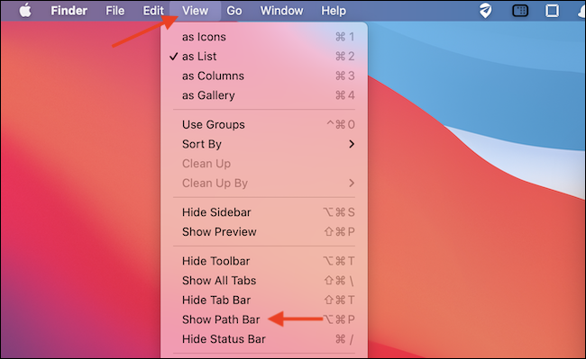 Selecione Mostrar Barra de Caminho no Menu do Finder