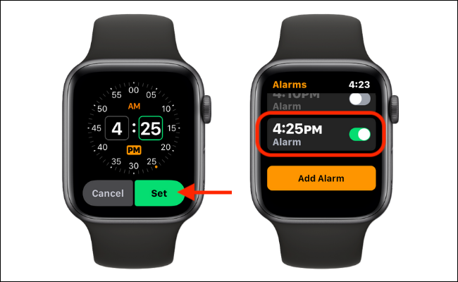 Defina a hora usando a interface visual e toque no botão "Definir".