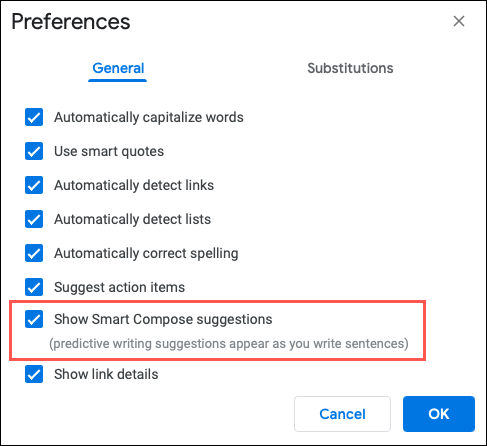 Marque a caixa para Mostrar sugestões de composição inteligente