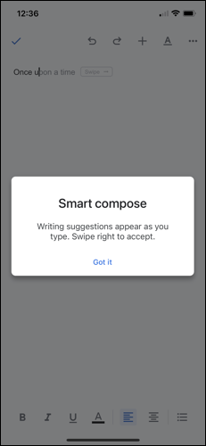 Mensagem habilitada para composição inteligente no Google Docs no iPhone