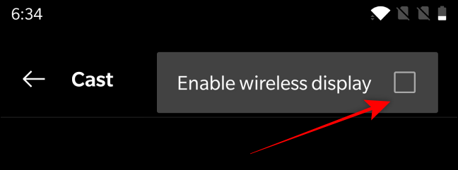 Caixa de seleção para Ativar exibição sem fio para transmitir tela do Android
