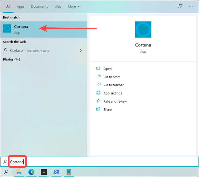 Clique em Iniciar, digite “Cortana” no Windows Search e pressione Enter.