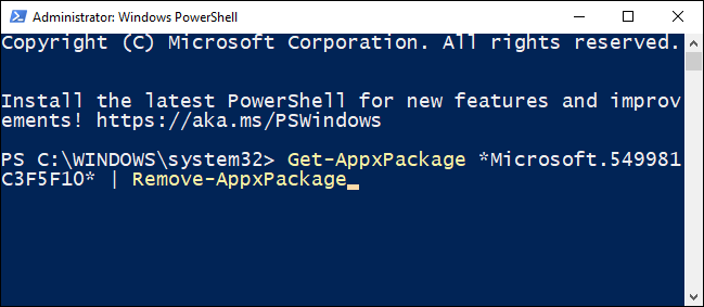 Digite o comando para excluir a Cortana do usuário atual no PowerShell.