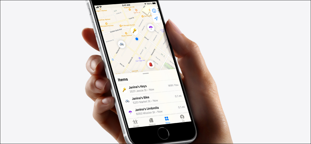 O aplicativo Find My em um iPhone mostrando as localizações AirTag.