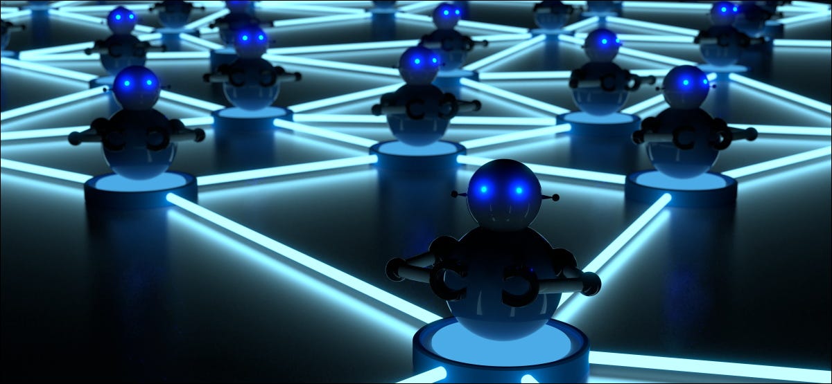Uma rede de pequenos robôs azuis representando um botnet.