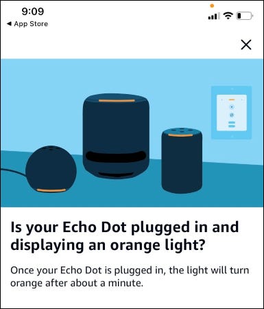 O aplicativo Alexa perguntando se um ponto de eco está exibindo uma luz laranja.