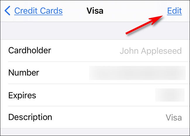 Na tela de detalhes do cartão de crédito, toque em "Editar" para alterar os detalhes.