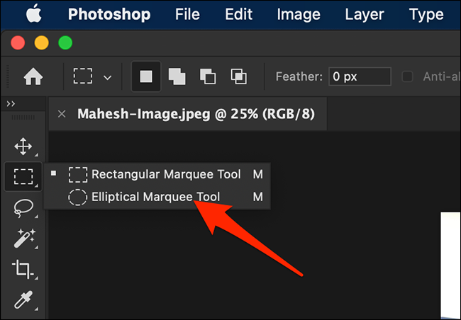 Selecione a ferramenta Elliptical Marquee Tool na janela do Photoshop