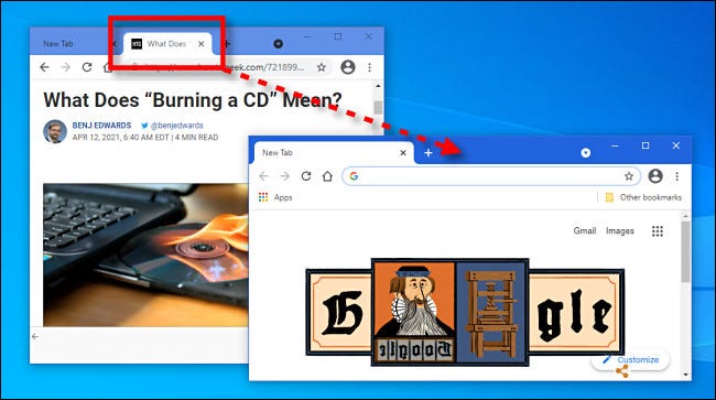 Arrastando uma guia entre as janelas do navegador no Google Chrome.