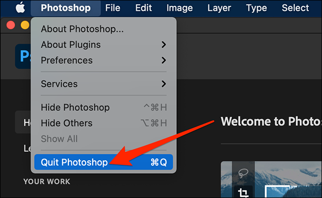 Selecione Sair do menu do Photoshop no Photoshop