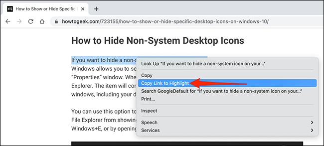 Selecione "Copiar link para destaque" no menu de contexto do Chrome.