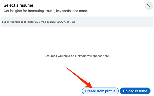 Clique em "Criar a partir do perfil" na caixa "Selecione um currículo" do LinkedIn.