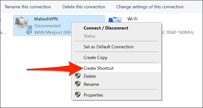 Clique com o botão direito em uma VPN e selecione "Criar Atalho" no menu do Painel de Controle.