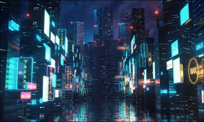 Uma rua citadina de estilo cyberpunk com luzes de néon.
