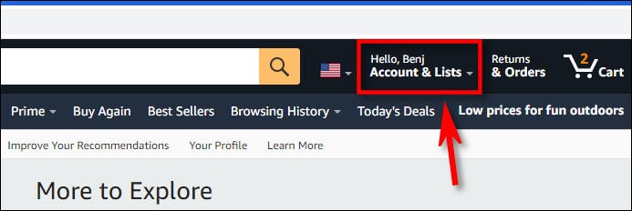 Clique no nome da sua conta na barra de ferramentas Amazon.com.