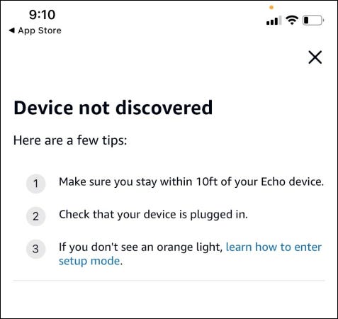 A tela "Dispositivo não descoberto" no aplicativo Alexa.