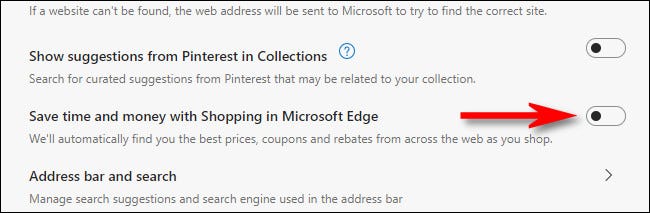 Desative a opção ao lado de "Economize tempo e dinheiro comprando no Microsoft Edge".