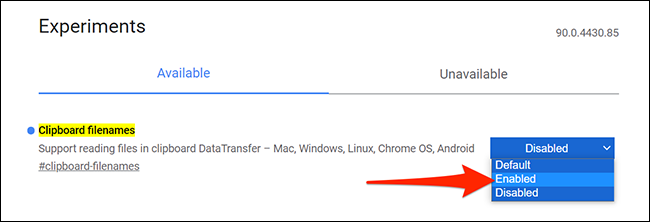 Ative "Nomes de arquivos da área de transferência" na guia "Experimentos" do Chrome.