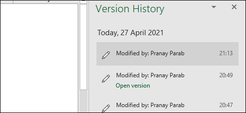 O painel de histórico de versão no Excel