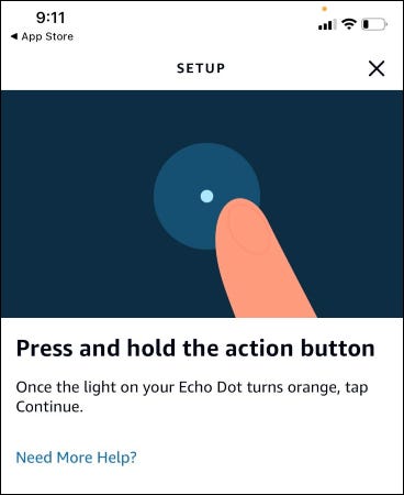 O aplicativo Alexa pede ao usuário para pressionar e segurar o botão de ação.