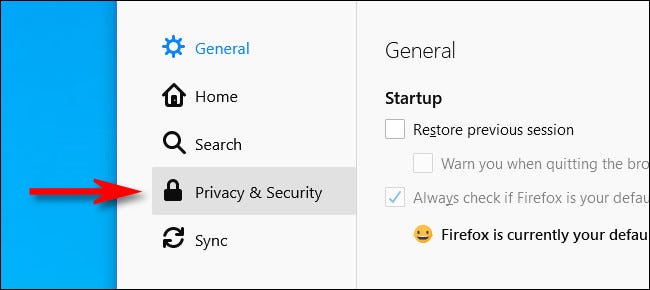 Em Opções do Firefox, clique em "Privacidade e segurança" no menu da barra lateral.
