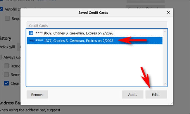 Selecione um cartão de crédito na lista e clique em “Editar”.