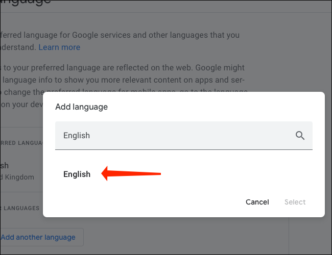 Selecione Inglês como o idioma preferido para sua conta do Google