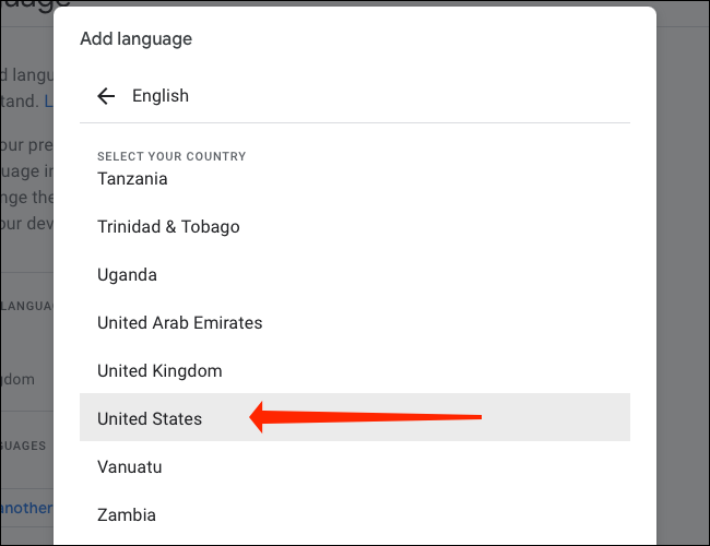Clique em Estados Unidos para selecionar Inglês (EUA) como o idioma padrão para sua conta do Google