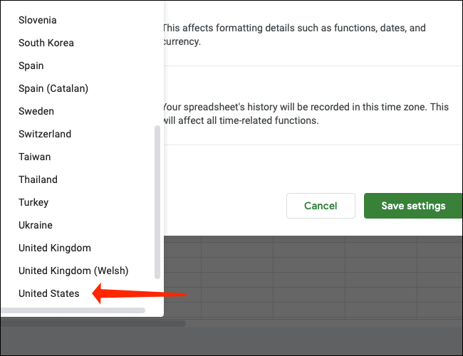 Clique em Estados Unidos para definir a moeda padrão no Planilhas Google