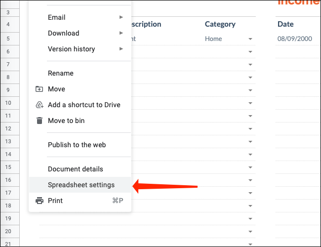 Clique em Configurações de planilha no menu Arquivo no Planilhas Google