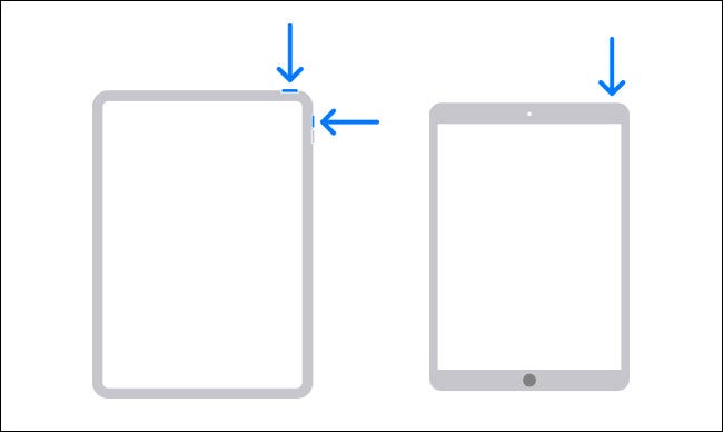 Diagrama mostrando os botões de hardware que você precisa segurar para desligar um iPad.