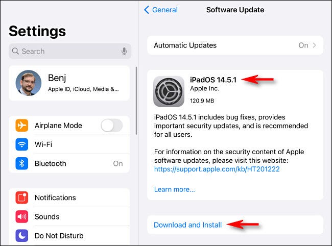 Se houver uma atualização do iPadOS disponível, você verá um botão "Baixar e instalar" ou "Instalar agora".