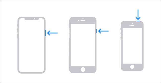Diagrama mostrando os botões de hardware que você precisa segurar para desligar um iPhone.