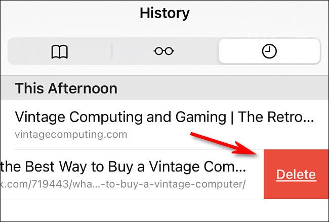 Na lista de histórico do Safari, você pode deslizar qualquer entrada individual e excluí-la.