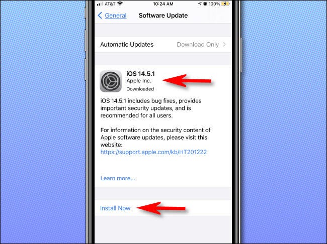 Se uma atualização do iOS estiver disponível, ela será listada na página "Atualização de software".
