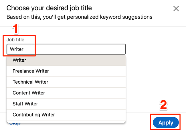 Digite um cargo na caixa "Escolha o cargo desejado" do LinkedIn.