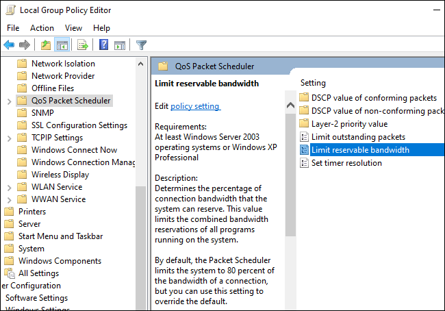 A configuração "Limitar largura de banda reservável" no Editor de Política de Grupo do Windows 10.