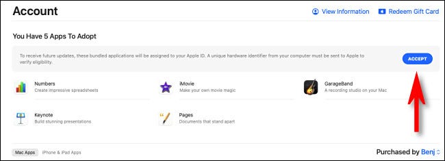 Clique em "Aceitar" para adotar aplicativos para sua conta Apple ID.