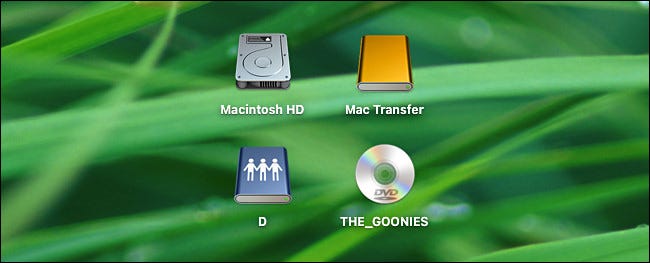 Um exemplo de unidades visíveis na área de trabalho do Mac.