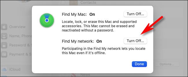 Em um Mac, clique em “Desligar” ao lado de “Encontrar minha rede”.