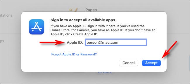 Digite seu ID Apple e clique em “Aceitar”.
