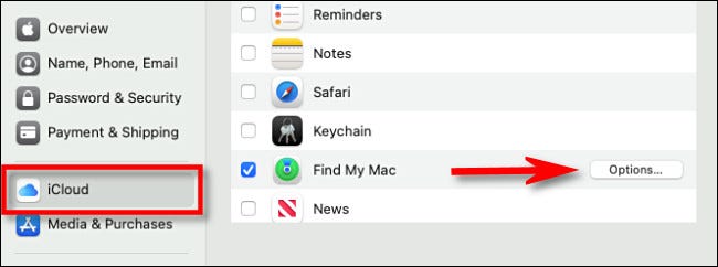 Clique em “Opções” ao lado de “Find My Mac” nas opções de ID da Apple no Mac.