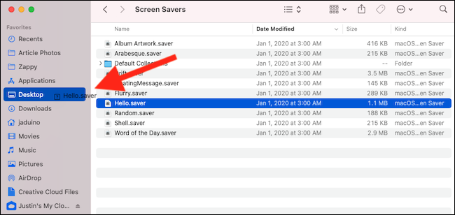 Mova o protetor de tela Hello para a pasta Desktop
