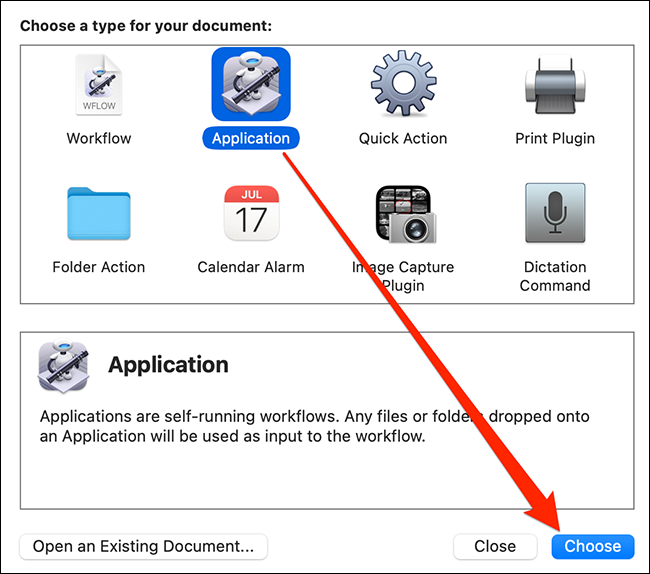 Selecione "Aplicativo" e clique em "Escolher" no Automator.