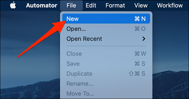 Clique em "Arquivo> Novo" no Automator.