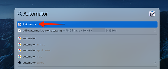 Pesquisando "Automator" no Spotlight no Mac.
