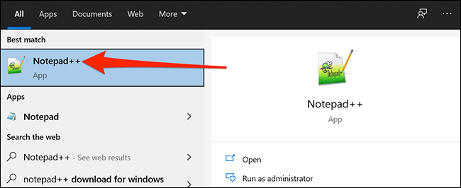 Abra o Notepad ++ no menu Iniciar do Windows.