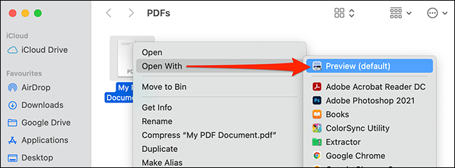 Clique com o botão direito em um PDF e selecione Abrir com> Visualização.