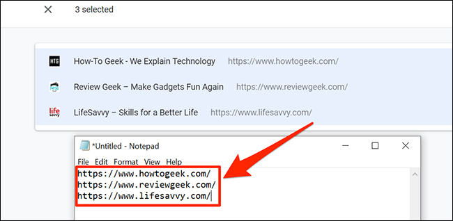 Uma janela do bloco de notas com URLs colados do Chrome